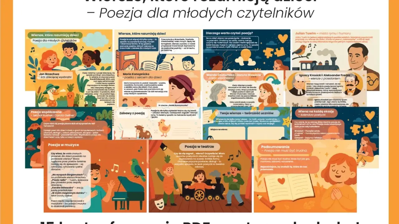 Ilustracja przedstawia kolaż z portretami poetów, dzieci czytających wiersze i motywami związanymi z poezją.