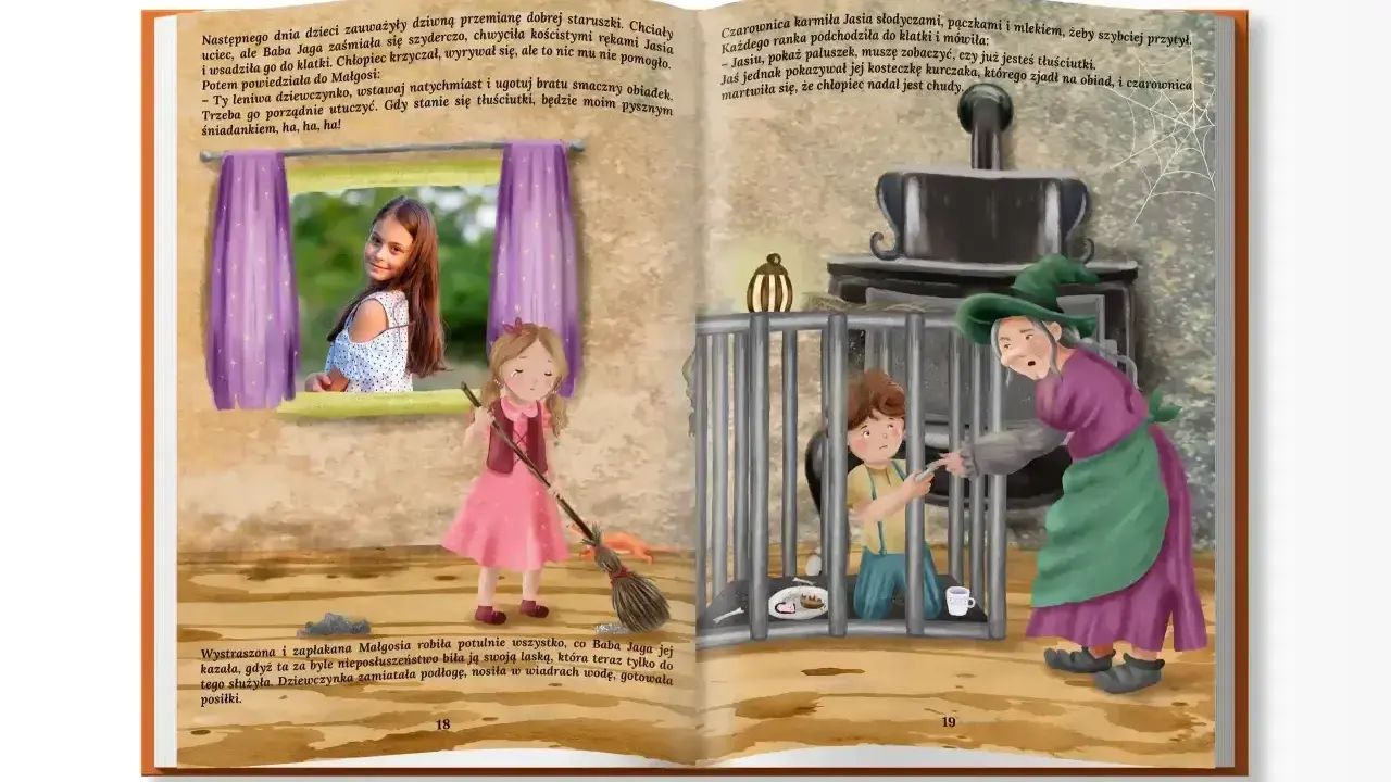Ilustracja przedstawia czarownicę w zielonym kapeluszu i fioletowej sukni, która karmi chłopca w klatce.