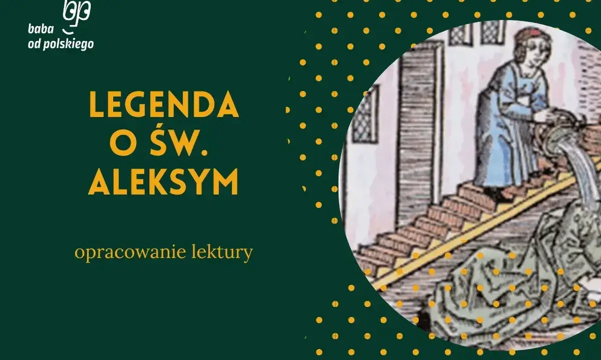 Ilustracja z legendy o św. Aleksym: postać w niebieskiej tunice nalewa wodę na leżącą postać.