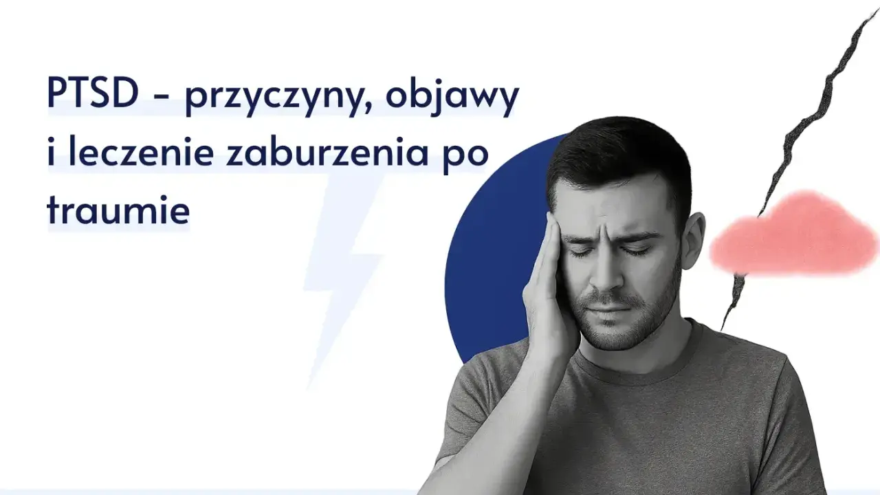 Mężczyzna z ręką na skroni, wyraźnie straumatyzowany, z pęknięciem i chmurką symbolizującymi PTSD.