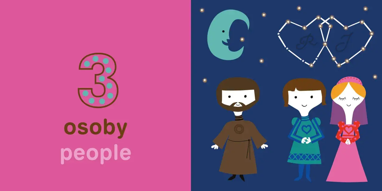 Ilustracja z liczbą 3 i napisem "osoby people" po lewej, a po prawej postacie Romea i Julii pod konstelacjami w kształcie serc.