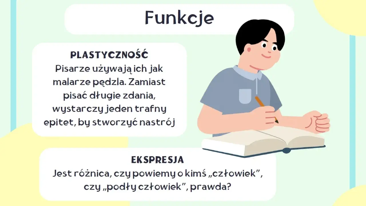 Chłopiec pisze w zeszycie, obok tekst o funkcjach epitetów: plastyczność i ekspresja.