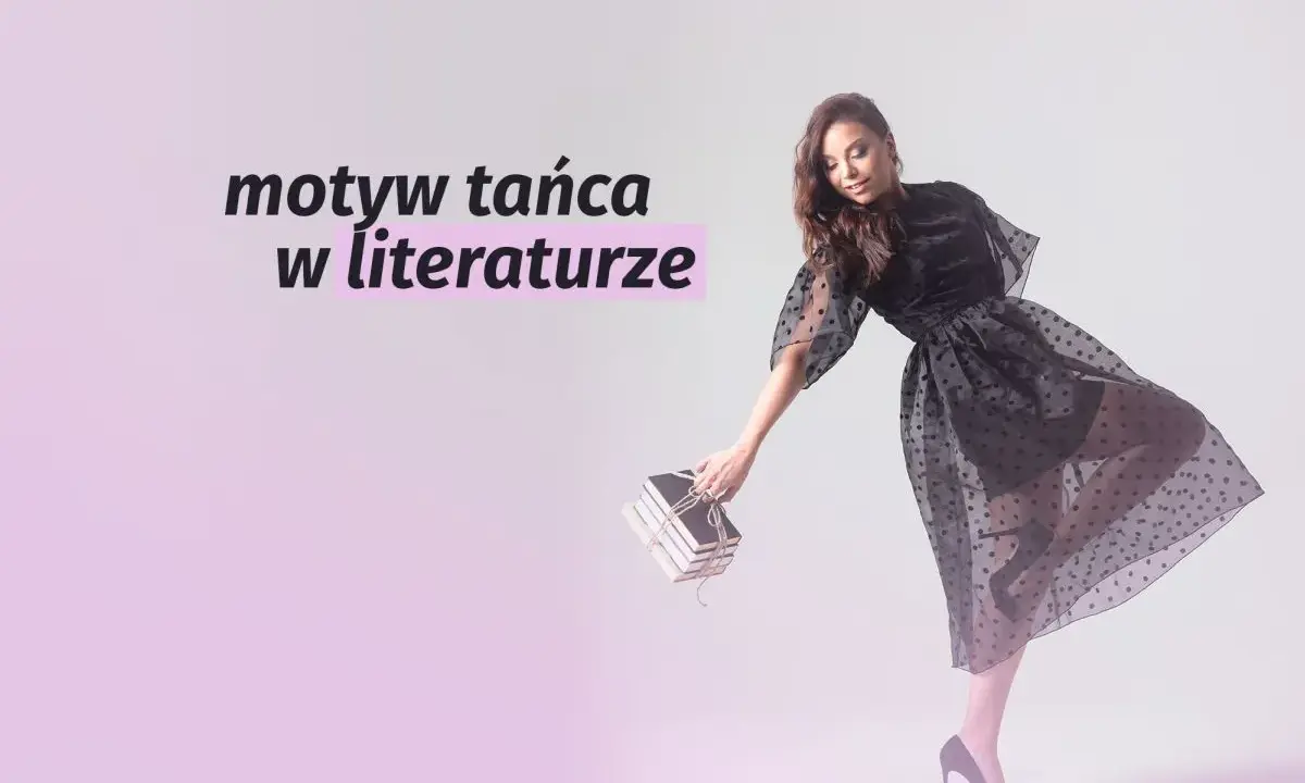 Kobieta w czarnej, tiulowej sukience tańczy, trzymając stos książek.