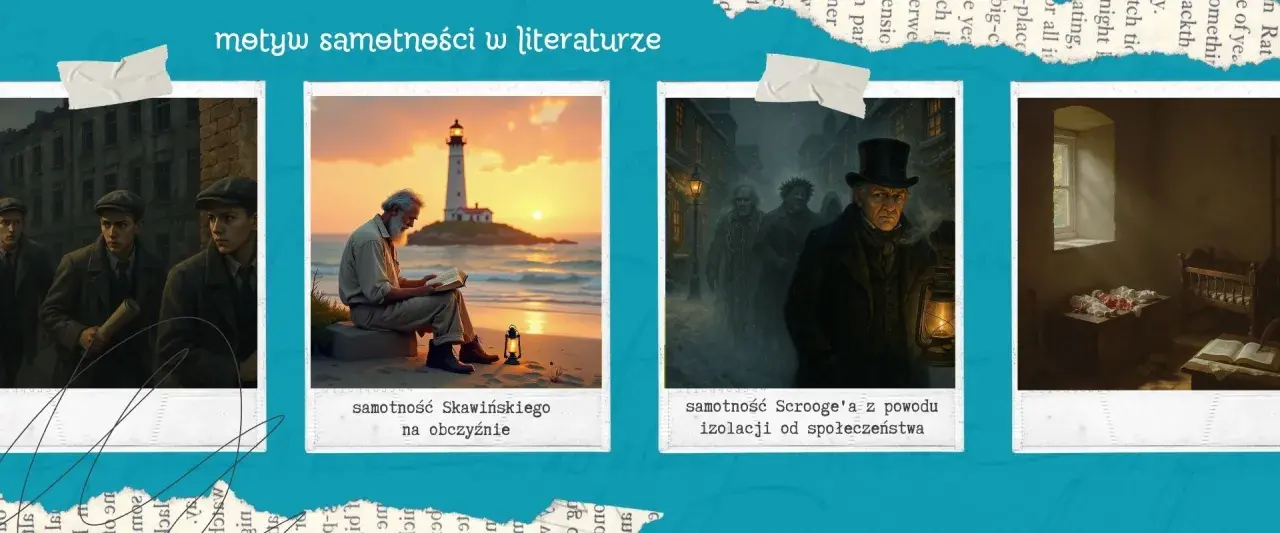 Trzech młodych mężczyzn w czapkach, jakby z epoki mezaliansu, idzie ulicą. Obok samotny Skawiński czyta nad morzem, a Scrooge w mroźnej nocy.