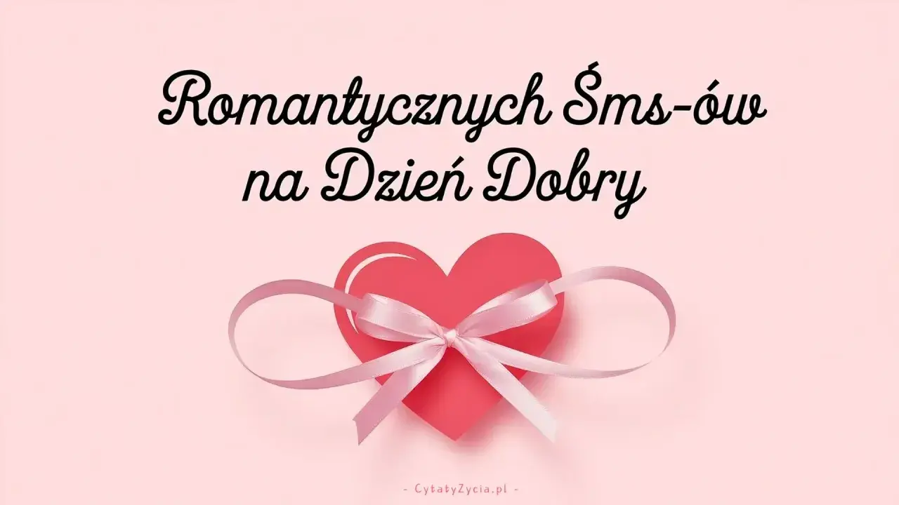 Różowe serce z kokardką i napis "Romantycznych SMS-ów na Dzień Dobry".
