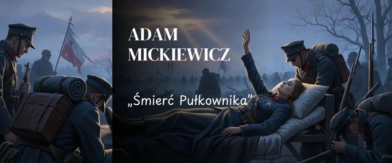 Ilustracja przedstawia umierającą kobietę w mundurze, otoczoną przez żołnierzy i polską flagę.
