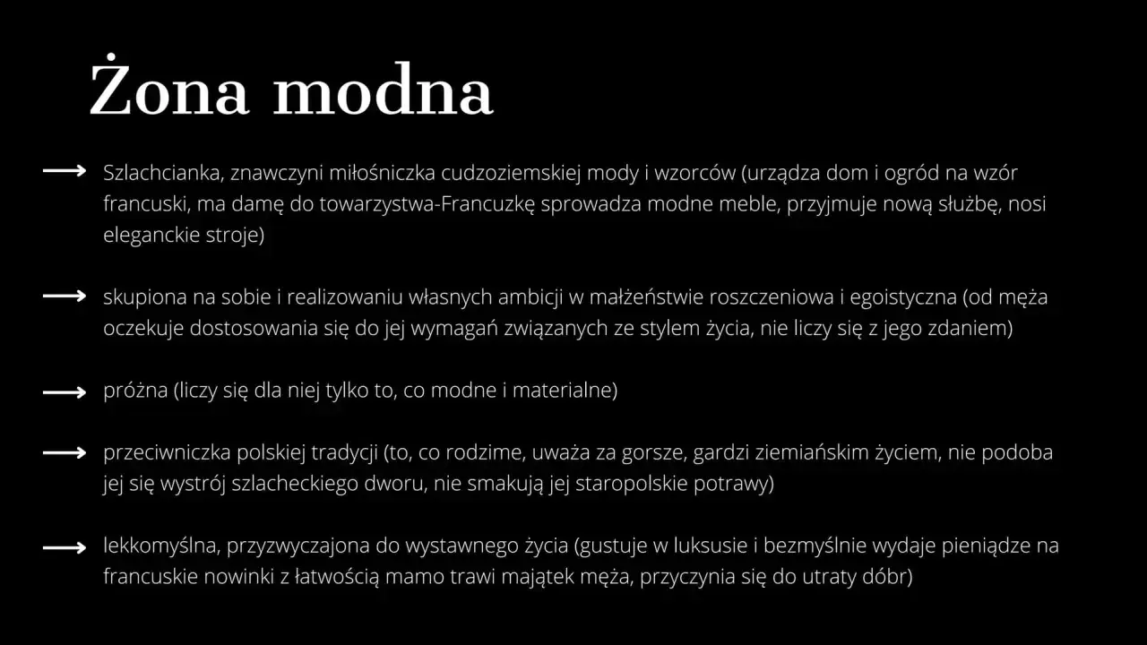 Tekst na czarnym tle: "Żona modna" i lista cech.
