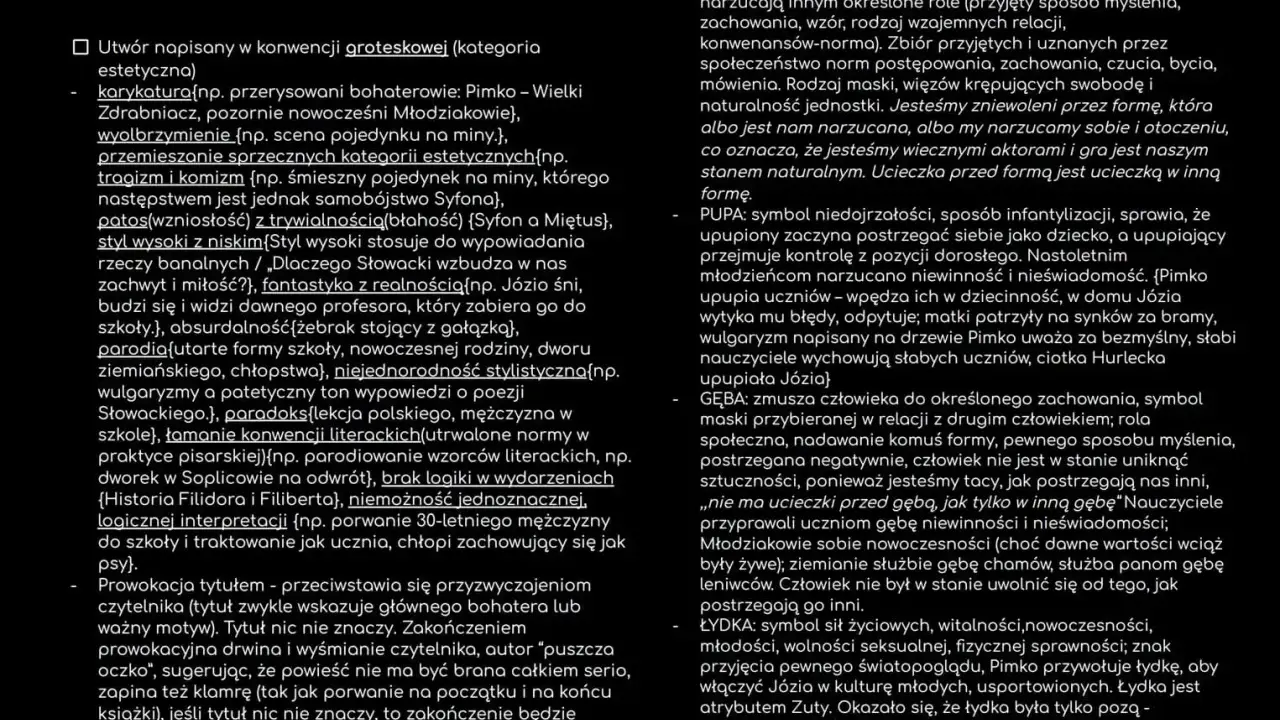 Fragment tekstu z nagłówkiem "FERDYDURKE" WITOLD GOMBROWICZ i wypunktowanymi cechami groteski.