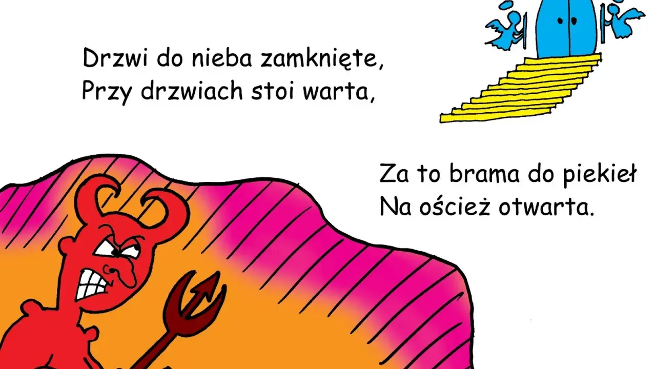 Ilustracja z diabłem i bramą do nieba, kontrastująca z otwartą bramą do piekła.