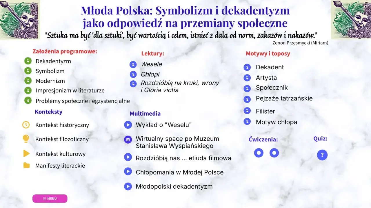 Grafika z maską teatralną, pędzlem i liśćmi, obok tekstu o Młodej Polsce.