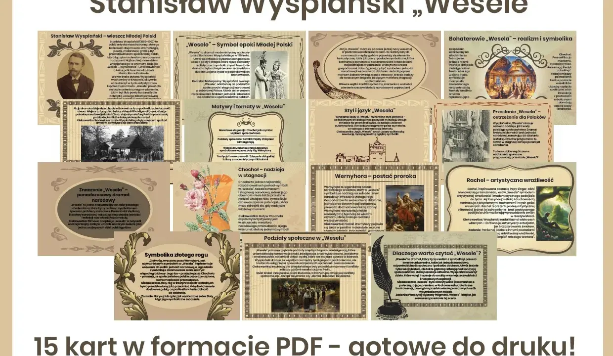 Ilustracja przedstawia kolaż z fragmentami analizy dramatu "Wesele" Stanisława Wyspiańskiego.