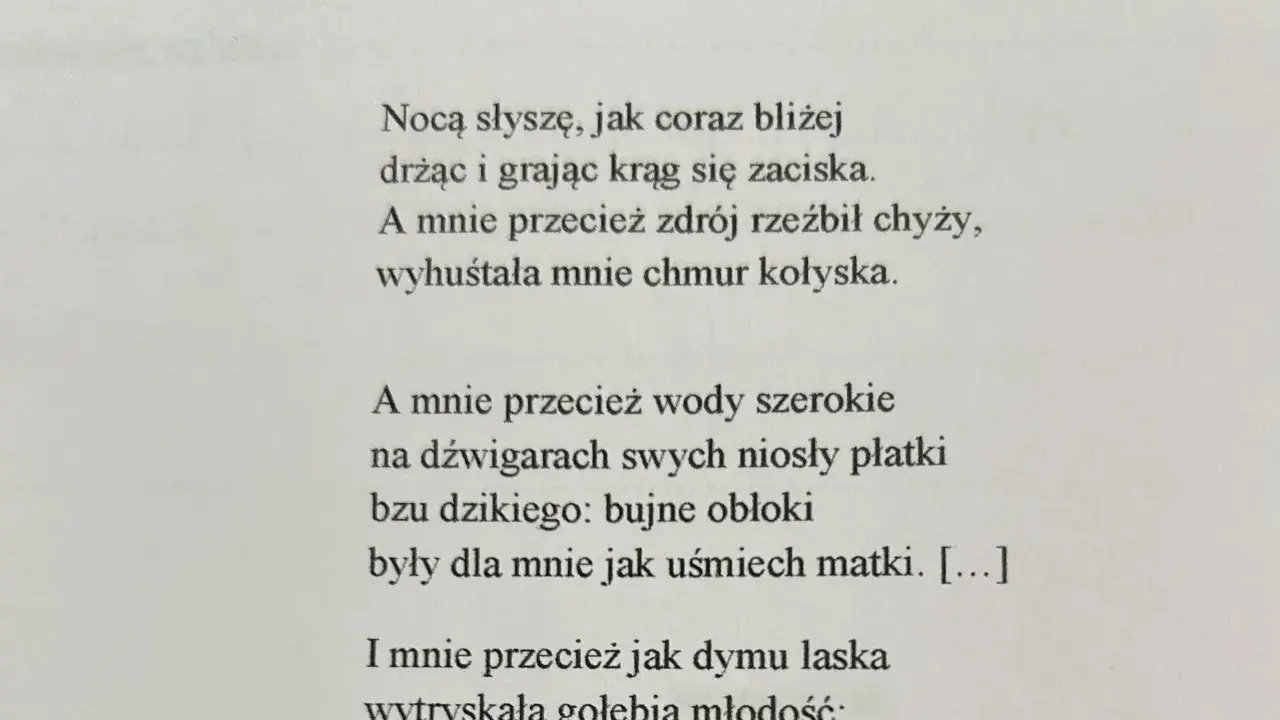 Fragment wiersza "Z głową na karabinie" z widocznym tekstem.
