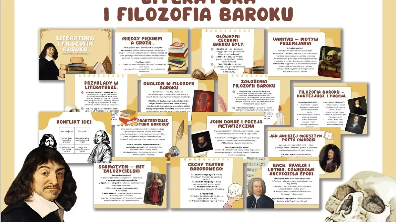 Ilustracja przedstawia kolaż kart z informacjami o literaturze i filozofii baroku, z portretami postaci i symbolami epoki.