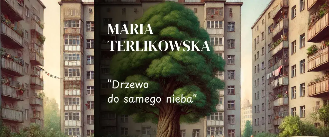 Duże, bujne drzewo wyrasta między blokami mieszkalnymi.