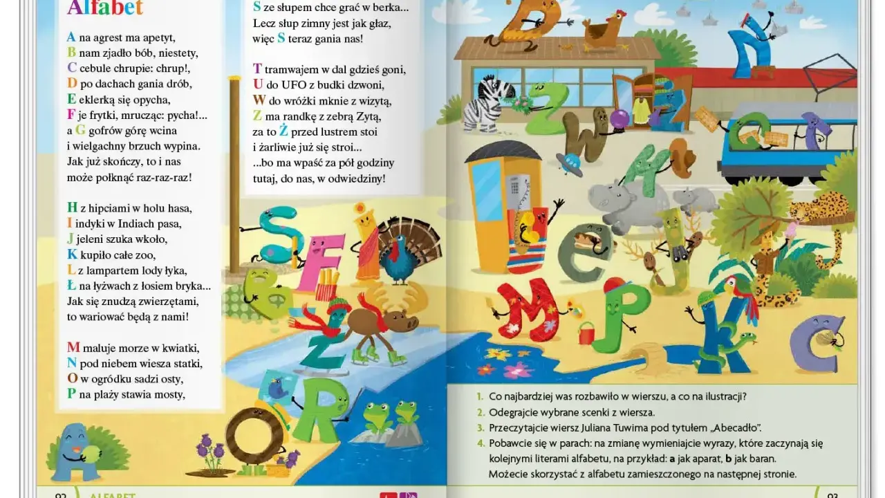 Kolorowe litery alfabetu z postaciami zwierząt i ludzików, ilustrujące najkrótszy wiersz Juliana Tuwima dla dzieci.