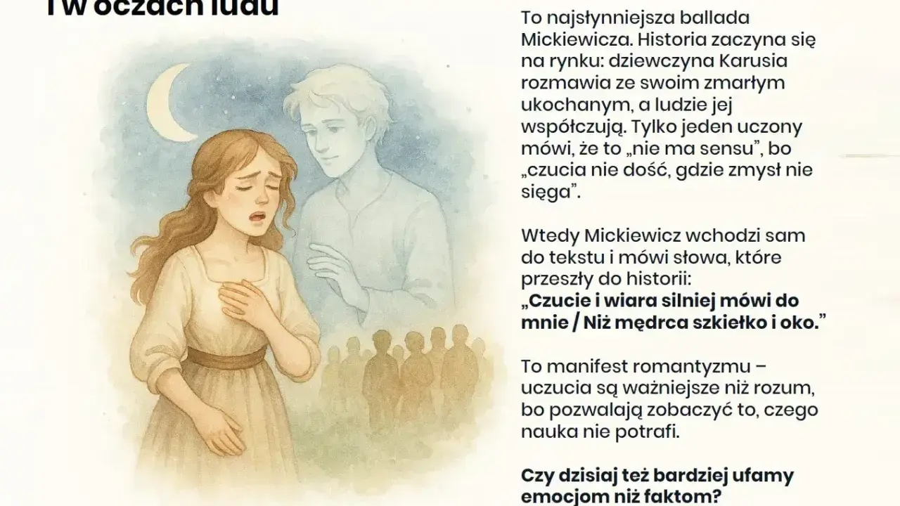 Ilustracja przedstawia dziewczynę w białej sukni, która trzyma się za serce, obok niej unosi się duch mężczyzny.