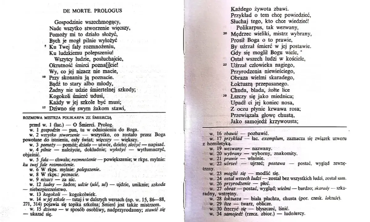 Strona z tekstem poezji, z nagłówkiem "DE MORTE. PROLOGUS" i fragmentem rozmowy.