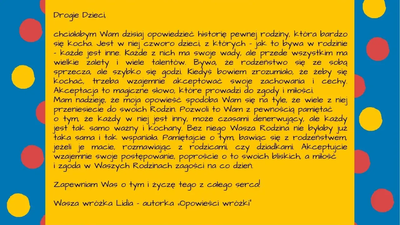 Żółty prostokąt z tekstem na niebieskim tle z kolorowymi kropkami.