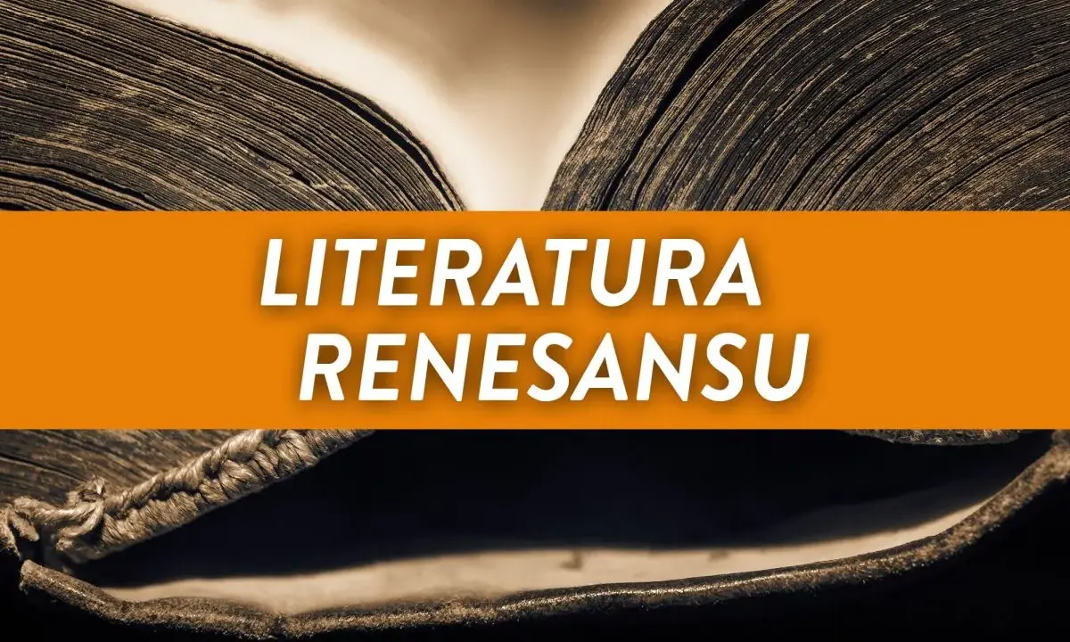 Stary, otwarty księgozbiór z napisem "LITERATURA RENESANSU" na pomarańczowym tle.