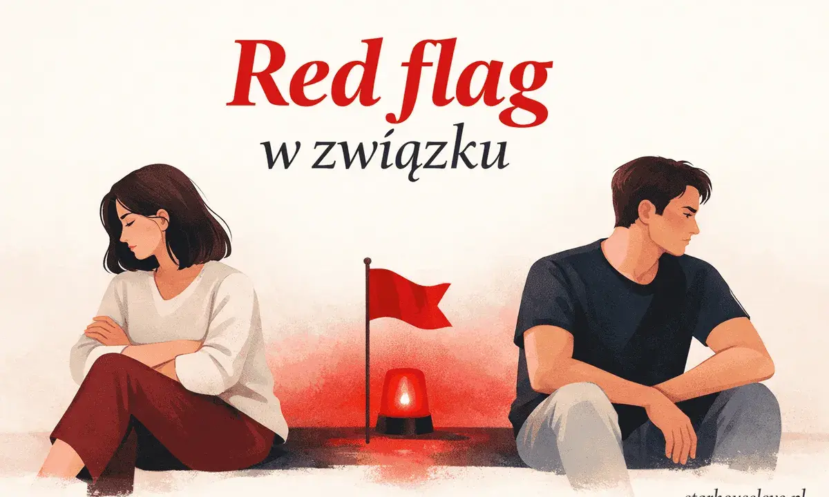 Para siedzi odwrócona od siebie, z czerwoną flagą i syreną między nimi. To symbol tego, co to znaczy red flag w związku.