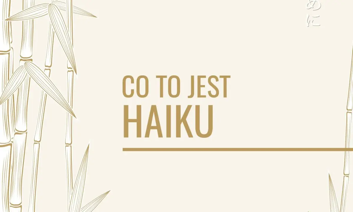 Ilustracja z bambusami i napisem "CO TO JEST HAIKU" w kolorze złotym.