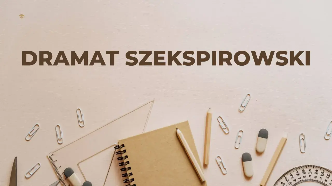 Szkolne przybory i notatnik, na tle napis "DRAMAT SZEKSPIROWSKI".