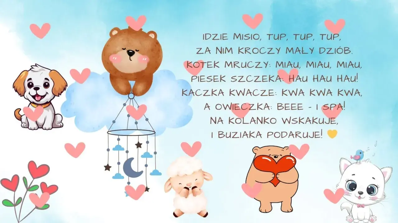 Ilustracja z uroczymi zwierzątkami: pieskiem, misiem, kotkiem, owieczką i kaczką, otoczonymi serduszkami.