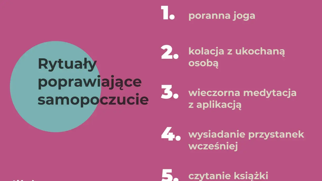 Rytuały poprawiające samopoczucie: poranna joga, kolacja z bliską osobą, medytacja, wcześniejsze wysiadanie z przystanku, czytanie książki. To jest rutyna co to.