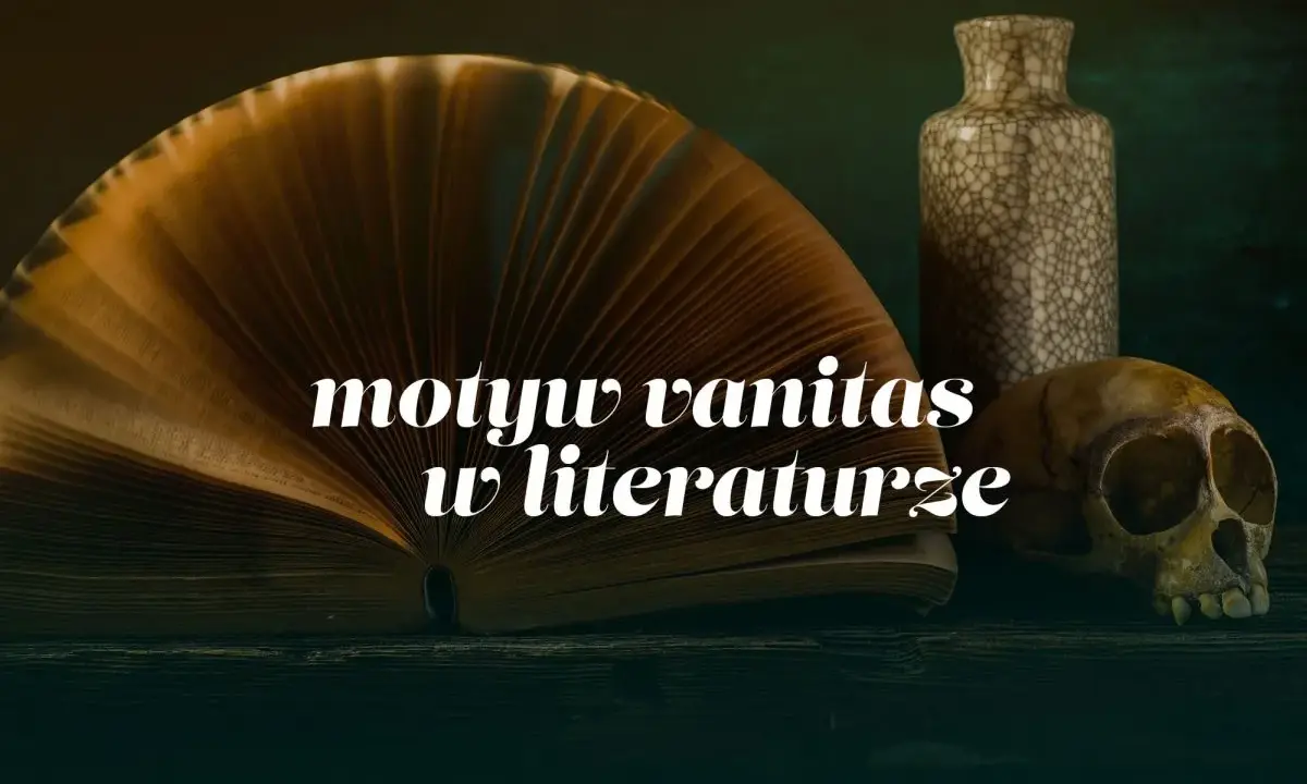 Otwarta księga, czaszka i waza – klasyczne symbole motywu vanitas w literaturze, przypominające o przemijaniu.