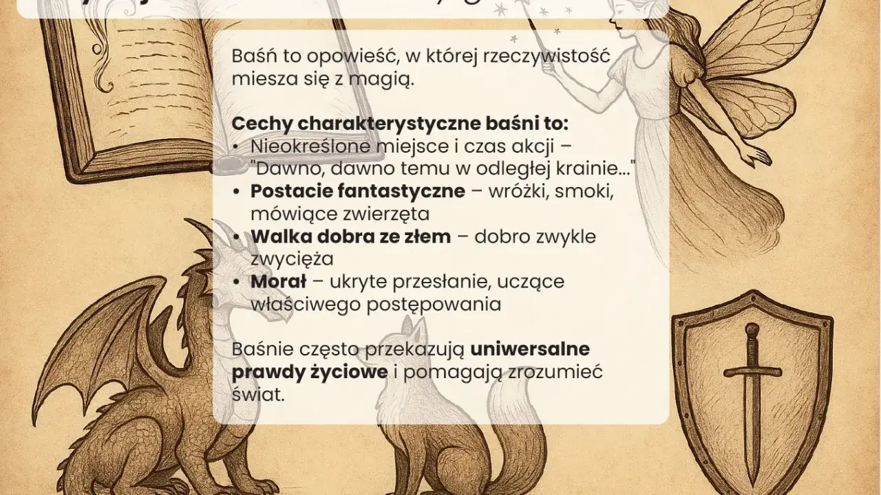Smok, wróżka i lis ilustrują cechy baśni: magię, fantastyczne postacie i walkę dobra ze złem.
