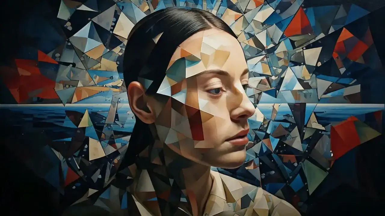 Portret kobiety, której twarz i ciało są fragmentowane w geometryczną projekcję. Tło to abstrakcyjny krajobraz morski.