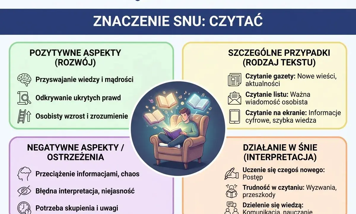 Ilustracja przedstawia mężczyznę siedzącego w fotelu i czytającego książkę, z unoszącymi się wokół niego otwartymi księgami.