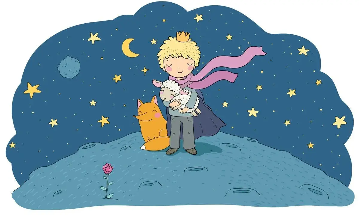 Mały Książę z owieczką i lisem na tle nocnego nieba z gwiazdami i księżycem.