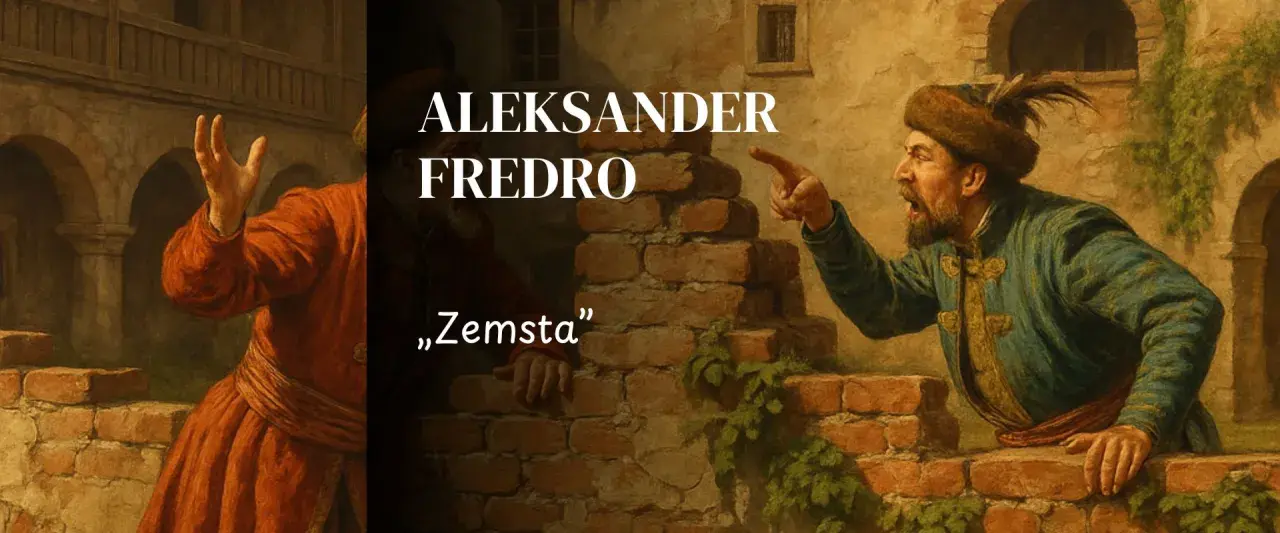 Dwaj mężczyźni w strojach historycznych, jeden w czerwonym, drugi w niebieskim, kłócą się na tle ceglanego muru.