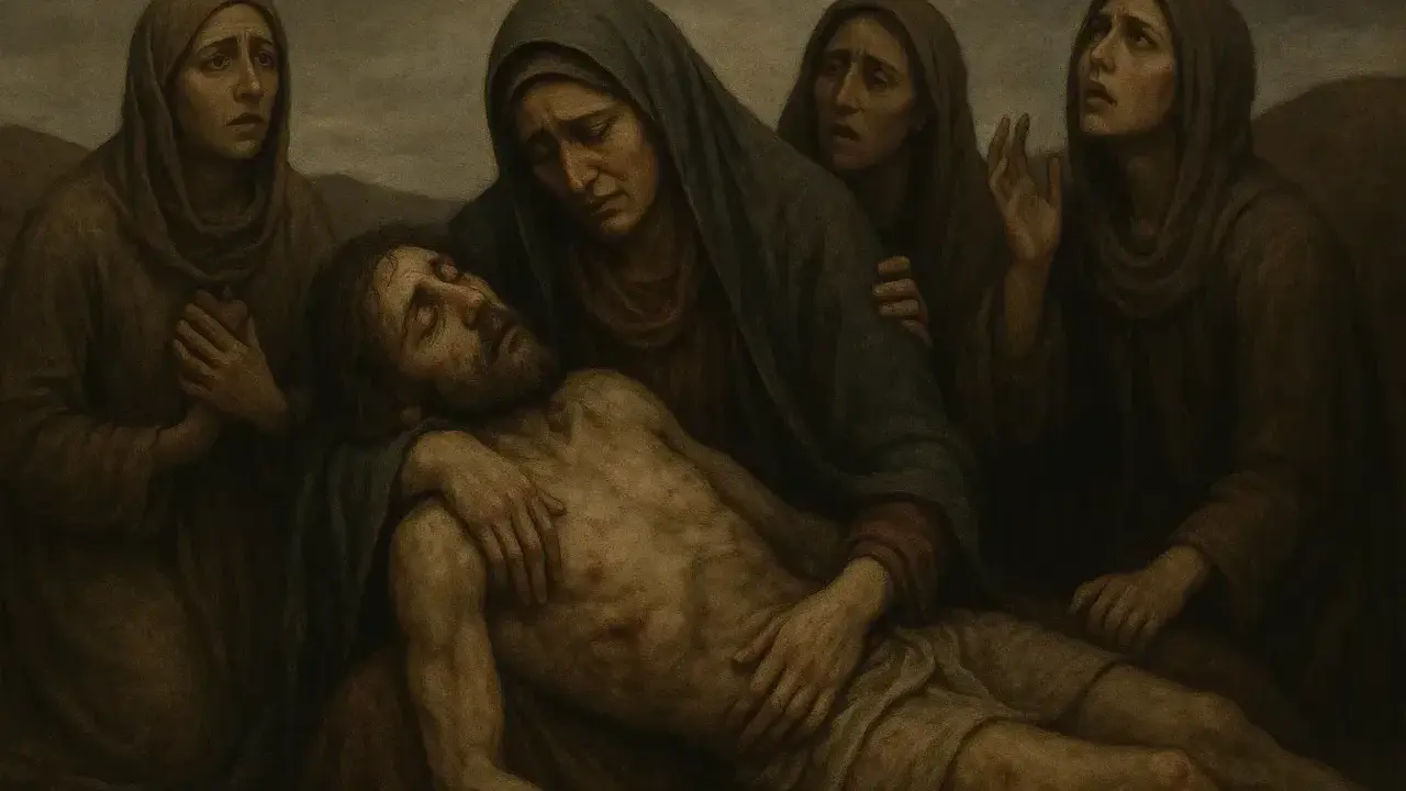 Obraz przedstawia Matkę Boską trzymającą na rękach martwe ciało Jezusa, otoczoną przez opłakujące kobiety.