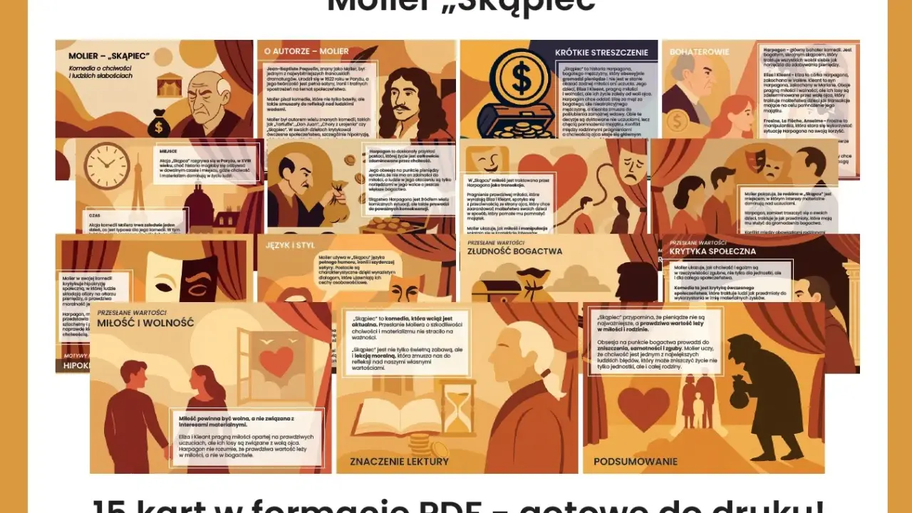Ilustracja przedstawia kolaż grafik i tekstu dotyczących komedii Moliera "Skąpiec".