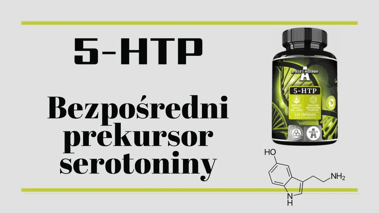 Butelka suplementu 5-HTP i wzór chemiczny serotoniny.
