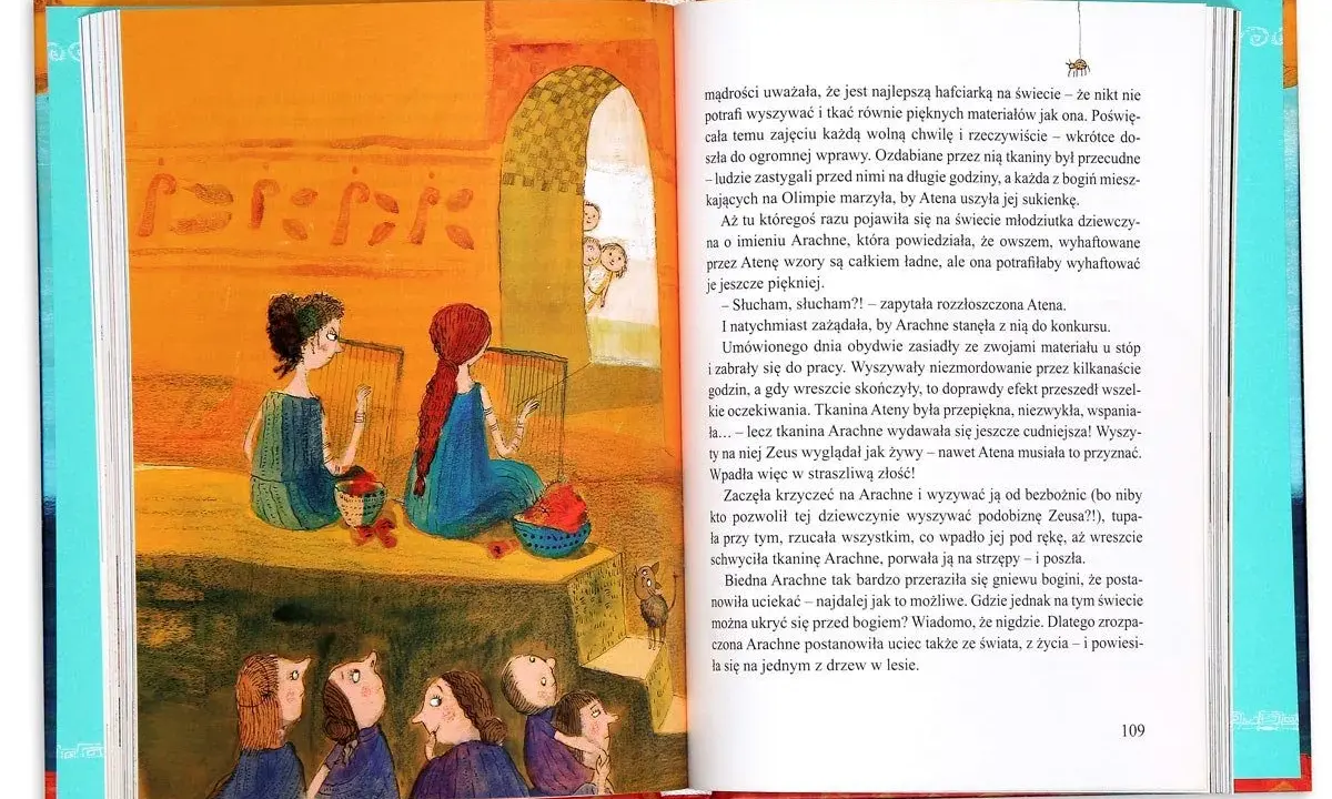 Ilustracja z książki: dwie dziewczynki siedzą przy krosnach, a pod nimi grupa ludzi.