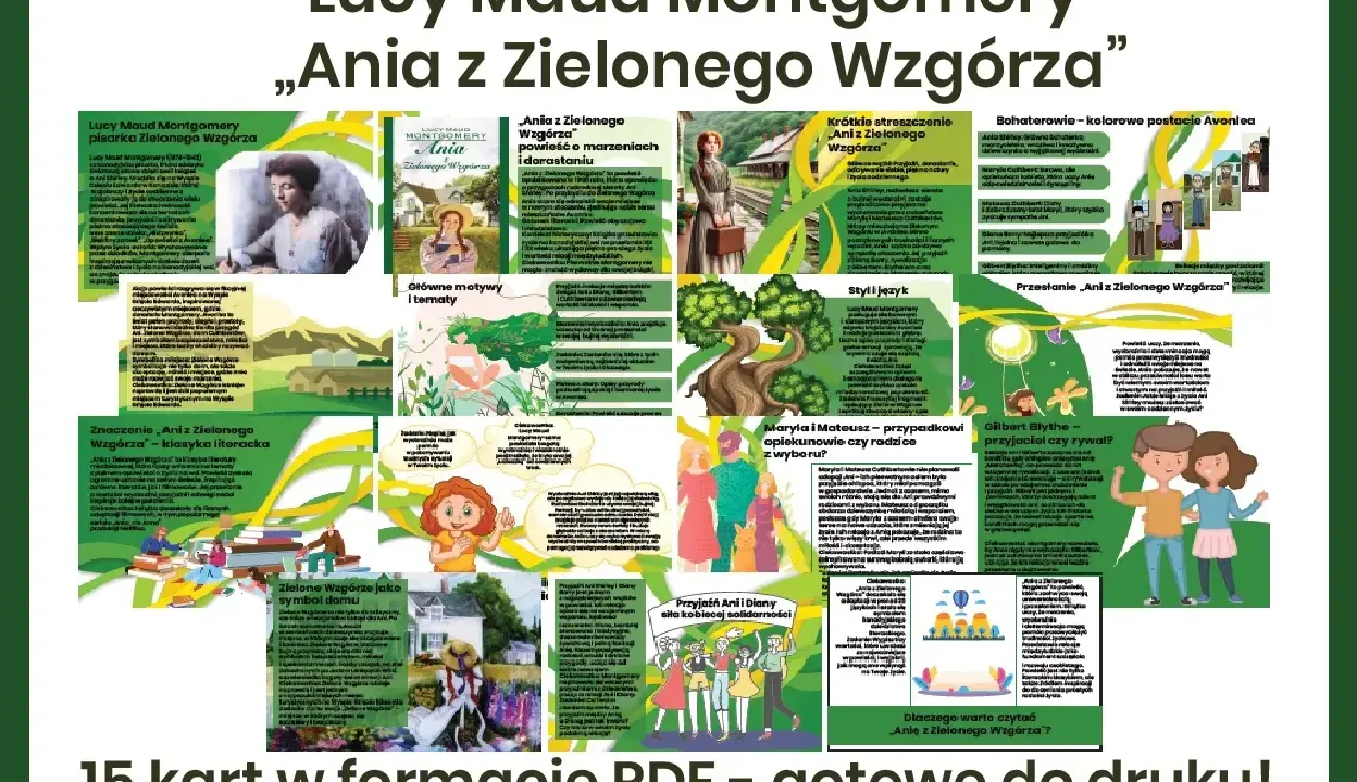 Plakat informacyjny o książce "Ania z Zielonego Wzgórza", przedstawiający autorkę, bohaterów, motywy i przesłanie powieści.