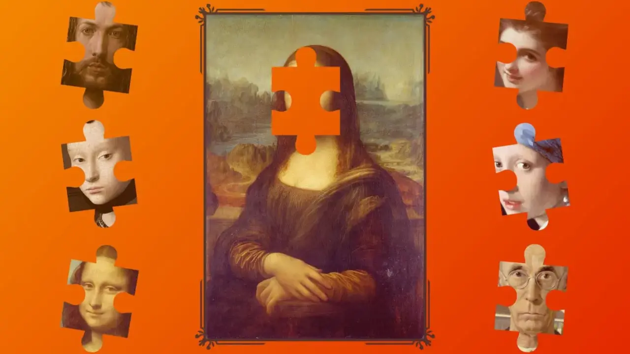 Mona Lisa z brakującym elementem twarzy, otoczona fragmentami innych obrazów. Czy to samospełniająca się przepowiednia sztuki?