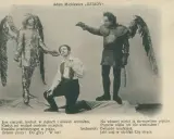 Scena z "Dziadów" Adama Mickiewicza. Anioł w zbroi i z piórami pochyla się nad klęczącym Konradem.