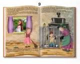 Ilustracja przedstawia czarownicę w zielonym kapeluszu i fioletowej sukni, która karmi chłopca w klatce.