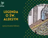 Ilustracja z legendy o św. Aleksym: postać w niebieskiej tunice nalewa wodę na leżącą postać.