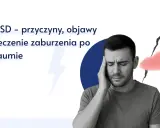Mężczyzna z ręką na skroni, wyraźnie straumatyzowany, z pęknięciem i chmurką symbolizującymi PTSD.