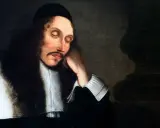 Portret zamyślonego Barucha Spinozy, holenderskiego filozofa, w czarnym stroju i białym kołnierzu.