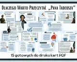Ilustracja przedstawia kolaż z cytatami, postaciami i symbolami z "Pana Tadeusza".