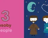 Ilustracja z liczbą 3 i napisem "osoby people" po lewej, a po prawej postacie Romea i Julii pod konstelacjami w kształcie serc.