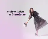 Kobieta w czarnej, tiulowej sukience tańczy, trzymając stos książek.