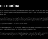 Tekst na czarnym tle: "Żona modna" i lista cech.