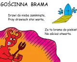 Ilustracja z diabłem i bramą do nieba, kontrastująca z otwartą bramą do piekła.